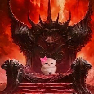 Chat assis sur un trône de métal en Enfer
